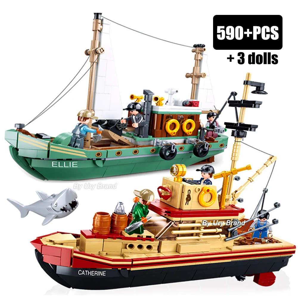 

City Fishing Boat Vessel Trawlboat Model Building Blocks Set Pirate Ship Sea Fisher Figures MOC Toys for Kids Birthday Gift