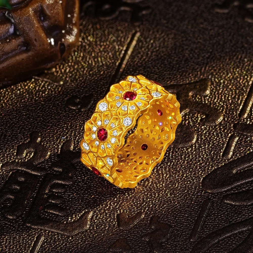 S925  Silver Women Ring Vintage Red Corundum Flower Design Niche Full Diamond Elegant Finger Ring Fine Jewelry for Daily Use