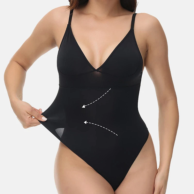V Neck Shapewear for Women Tummy Control Bodysuit Thong Seamless Body Shaper Backless Sling Push Up Chest Corset Slimming Fajas