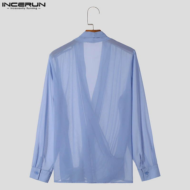 Men Shirt Solid V Neck Long Sleeve Lace Up Pleated Chiffon Loose Casual Men Clothing Streetwear 2024 Fashion Male Shirts INCERUN