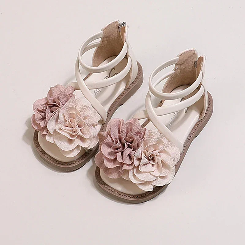 Sandalias romanas antideslizantes para niñas, zapatos de princesa con flores, suela suave, novedad de verano, 2024