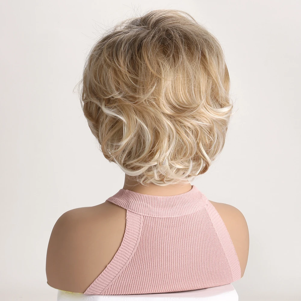Short Curly Synthetic Wigs with Bangs for Women Mixed Blonde Gold Wig Soft Natural Mommy Hair for Daily Use Costume Party
