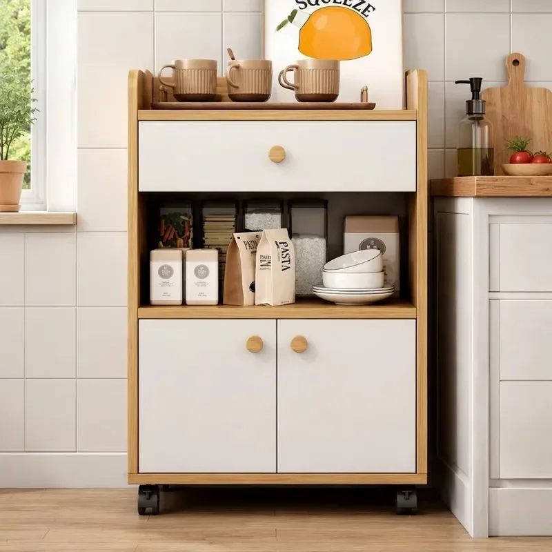 Multifunctional Lightweight Oak Tea Cabinet with Drawers Open Shelves 2 Door Lockers Household Mobile Storage Unit