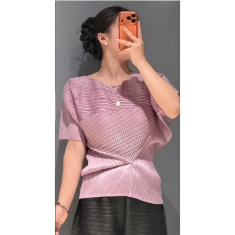 Miyake Pleated T-shirt Plisse 2026 Summer Spring New Versatile Thin Shaped Pleats Solid Tops Design Fold Shirt Women Clothing