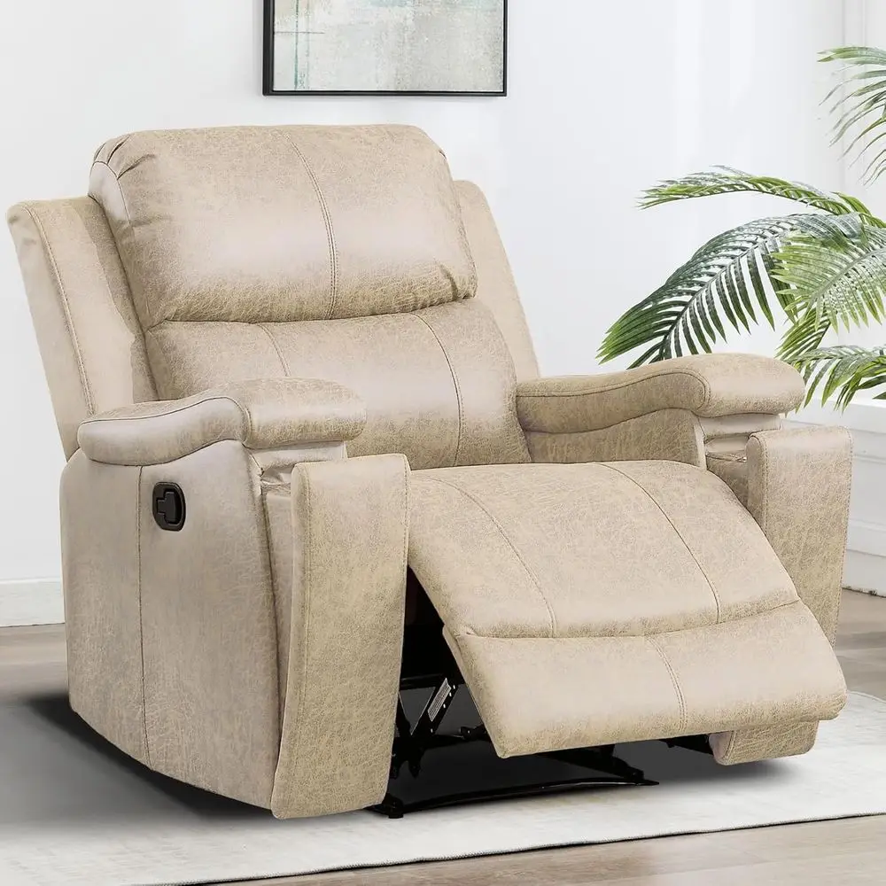 

Classic Beige Manual Recliner Chair with Plush Arms, Back, and Hidden Cup Holders