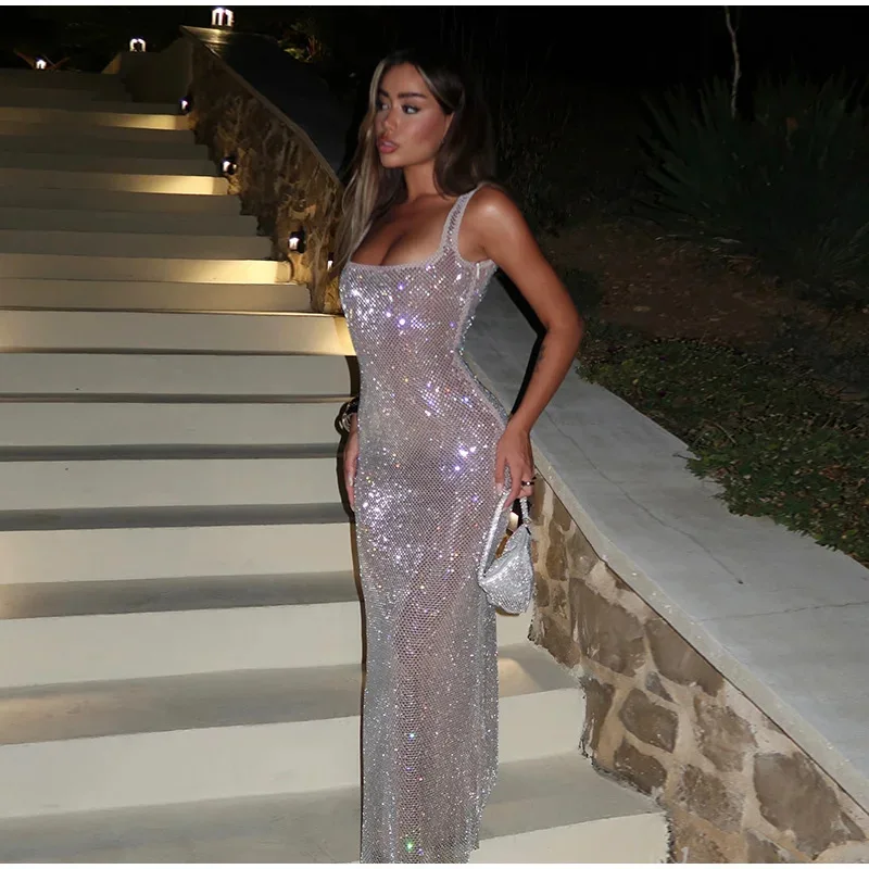 

SKMY 2025 Autumn Women Clothing Sleeveless Dress Streetwear Fashion Party Sequined Glitter Square Neck Slimming Long Dresses