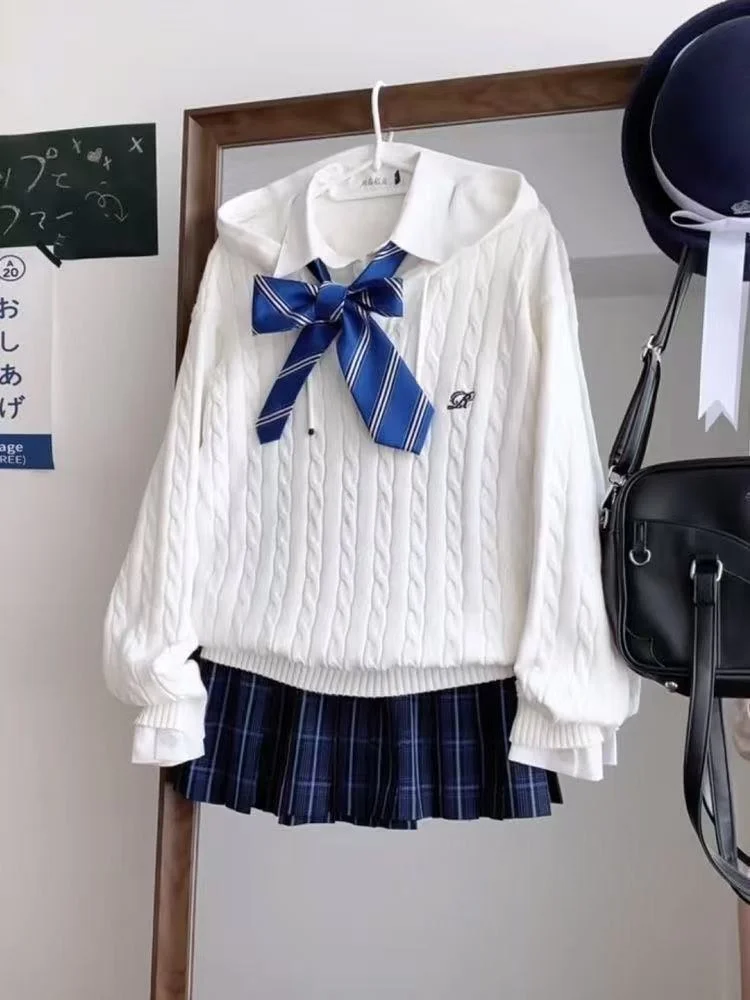 

Корейский вязаный свитер Sle Long Sve с шапкой, осенне-зимний твист, женский костюм Faion College2020, белый топ Jk