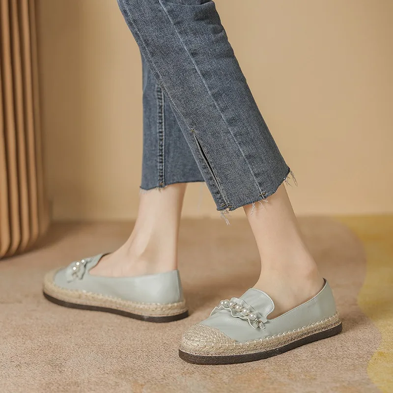 Women Fisherman Shoes Pearl Grass Woven Flat Sole Women Singles Shoes Fashion Soft Sole One Foot Lazy Loafers Women Shoes 41-47