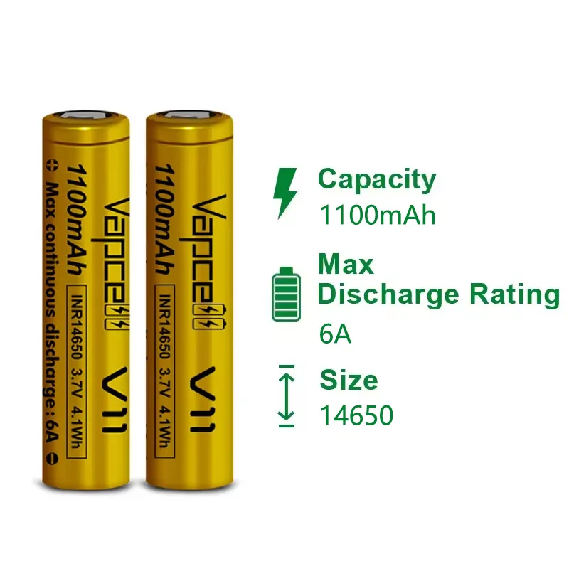 الأصلي Vapcell V11 INR 14650 بطارية 1100mAh قدرة 6A 3.7 فولت زر بطارية ليثيوم علوية لمصباح يدوي التحكم عن بعد الطائرات بدون طيار