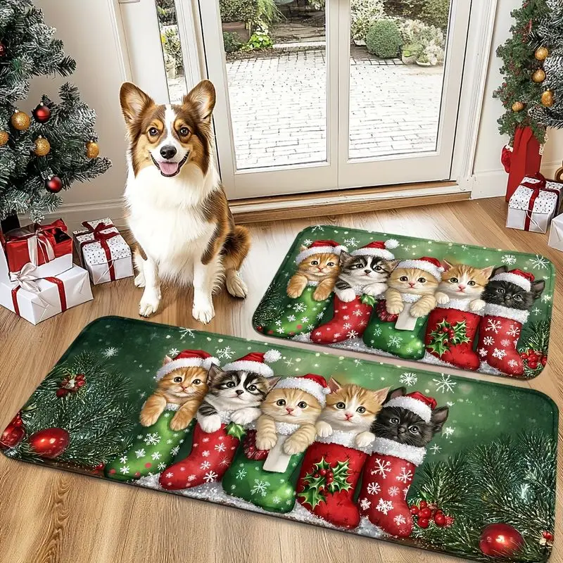 VIKAMA Kawaii Christmas Cat Kitchen Mat Green Holly Kitten Stocking Winter Floor Rug Cute Holiday Home Kitchen Decor Gift