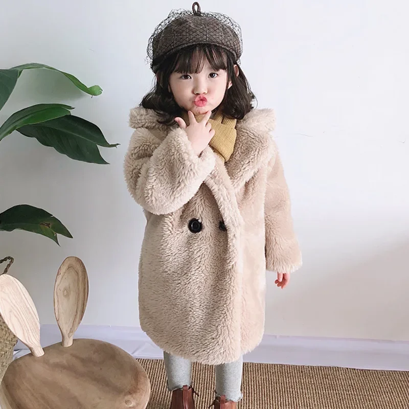 Autunno e inverno Nuovi bambini Abbigliamento Ragazze Cappotto in pelliccia sintetica solida Cappotto lungo in lana alla moda per bambini