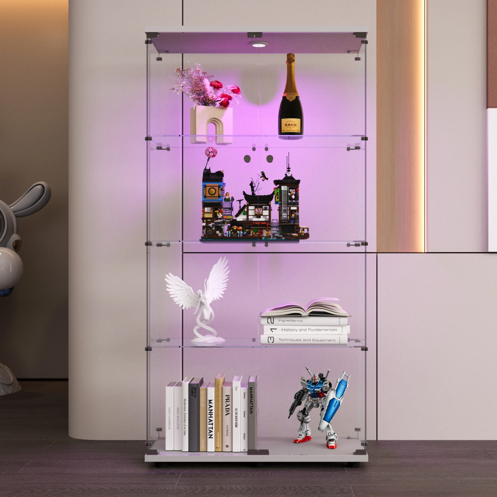 Comanlai Displaystandaards Glazen vitrinekast met 4 planken, LED-verlichting en slot, Vitrine met 2 glazen deuren, 80,5x36,5x163,9cm - afbeelding 1