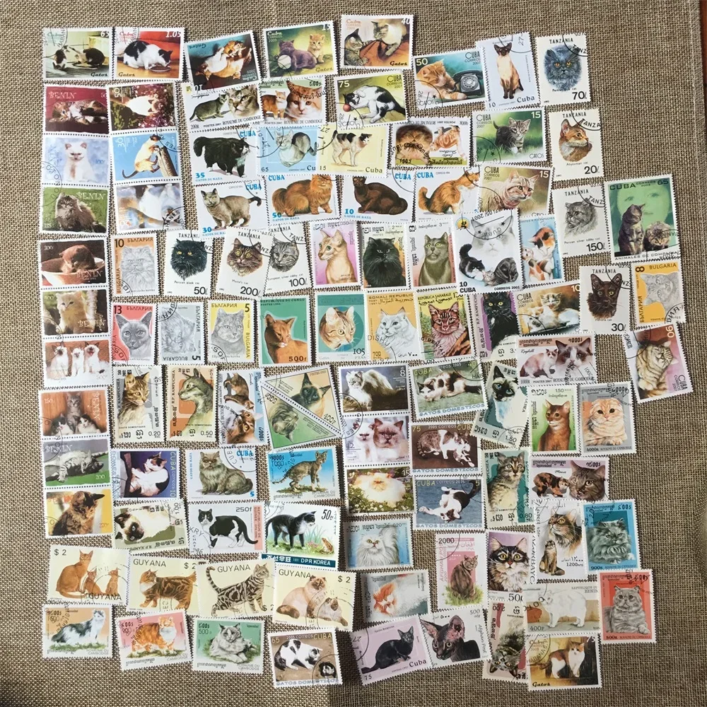 50Pcs/Set Cat Kitten All Different From Many Countries NO Repeat with Postmark Postage Stamps for Collecting