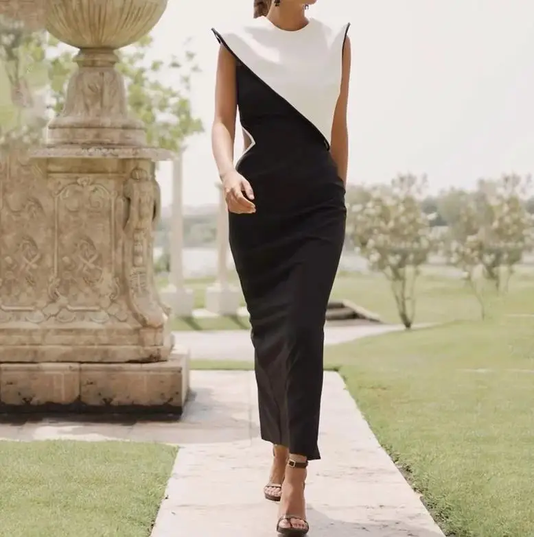 

Elegant Party Dresses for Women 2026 Long Autumn New Fashion Solid Color Sleeveless Contrast Hollow Out Sexy Long Dress