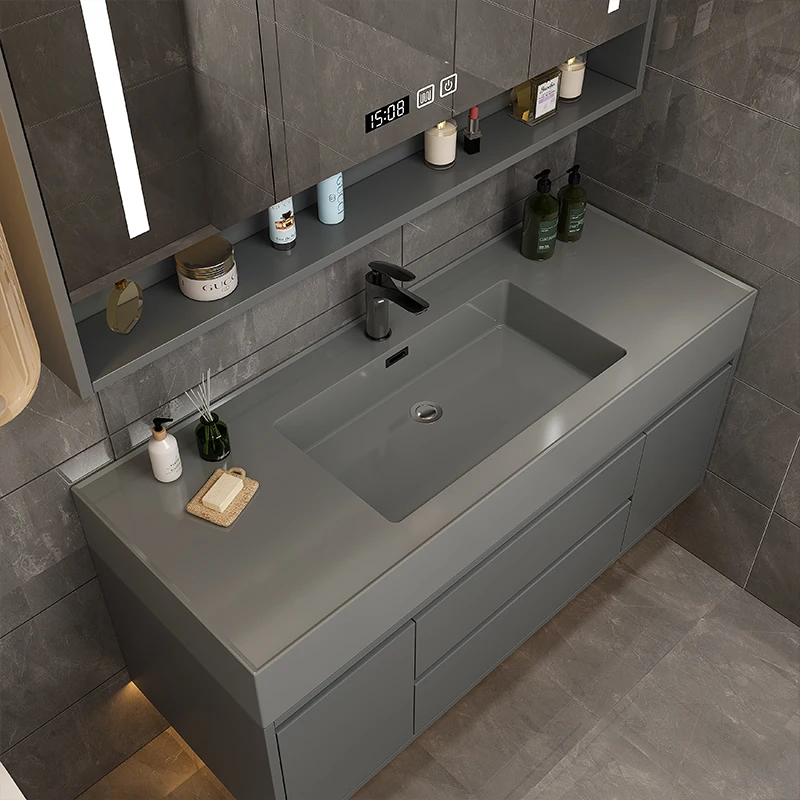 Light Luxury Nano Rock Integrated Intelligent Bathroom Cabinet Combination Mirror Cabinet Solid Wood Simple Washbasin Washbasin