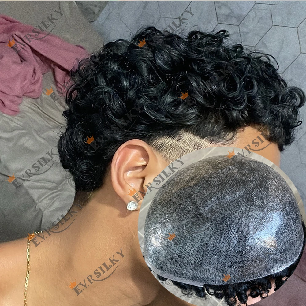 

20 мм вьющиеся супер прочные полные кожаные парики из искусственной кожи коричневый черный парик сильный PU мужские волосы капилляр протезы система замены человеческих волос