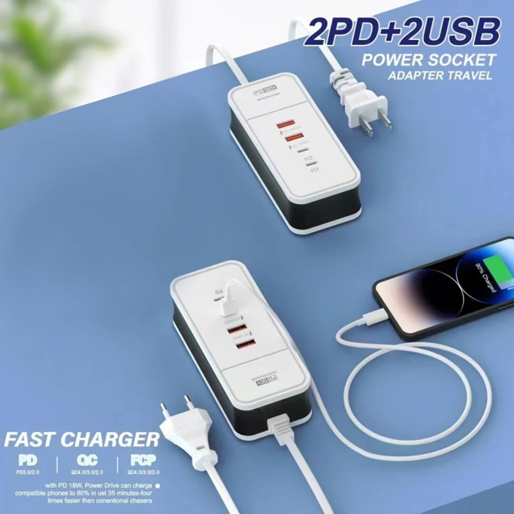 4-in-1 Power Socket Adapter 50W 2USB 2PD Fast Charging Charger Portable EU US Plug Socket For Home Office Travel Wall Charger