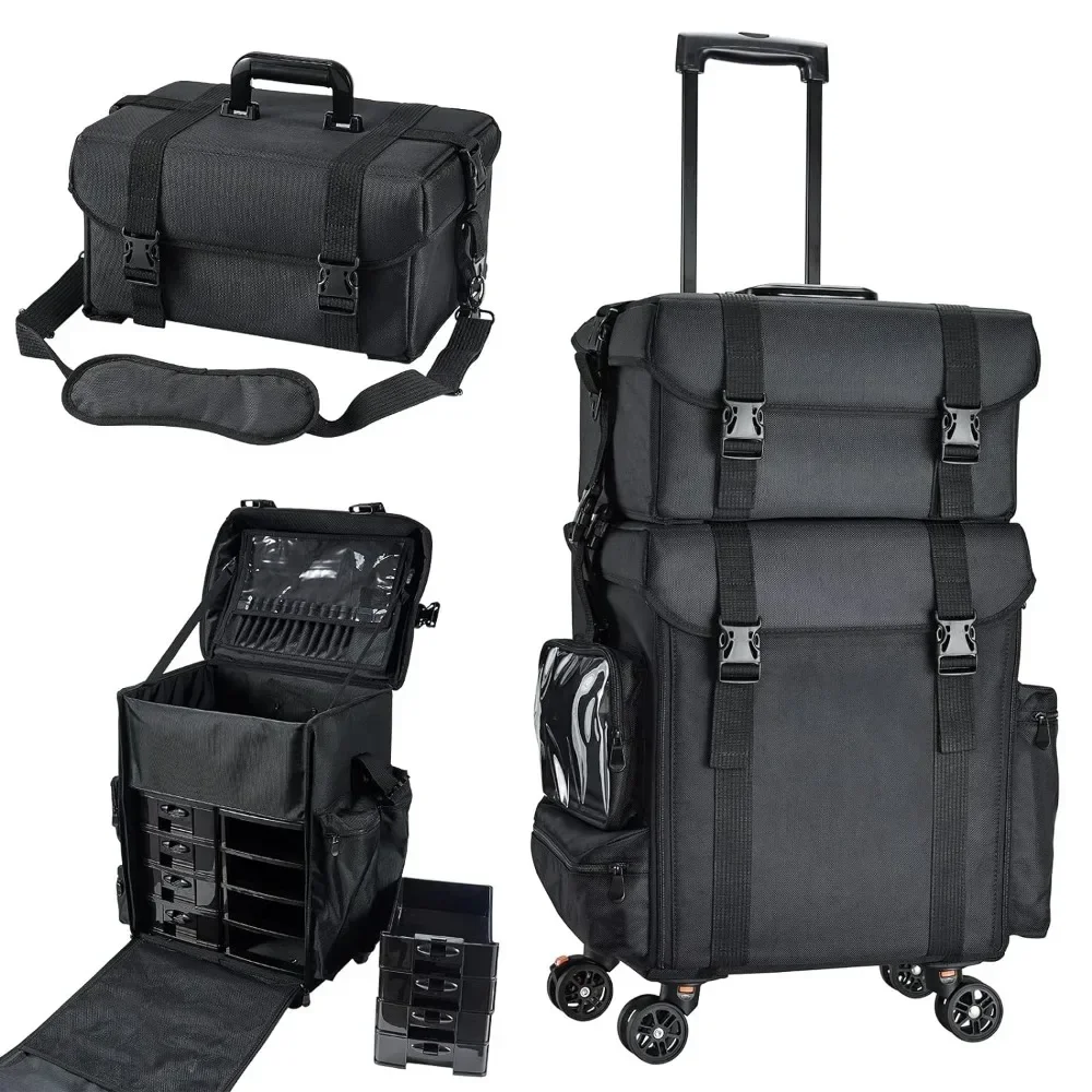 Costravio Maquiagem Profissional Caso de Viagem Rolling Case, Lado Macio, Trem Cosmetologia Caso com Rodas, Maquilhador, 2in 1