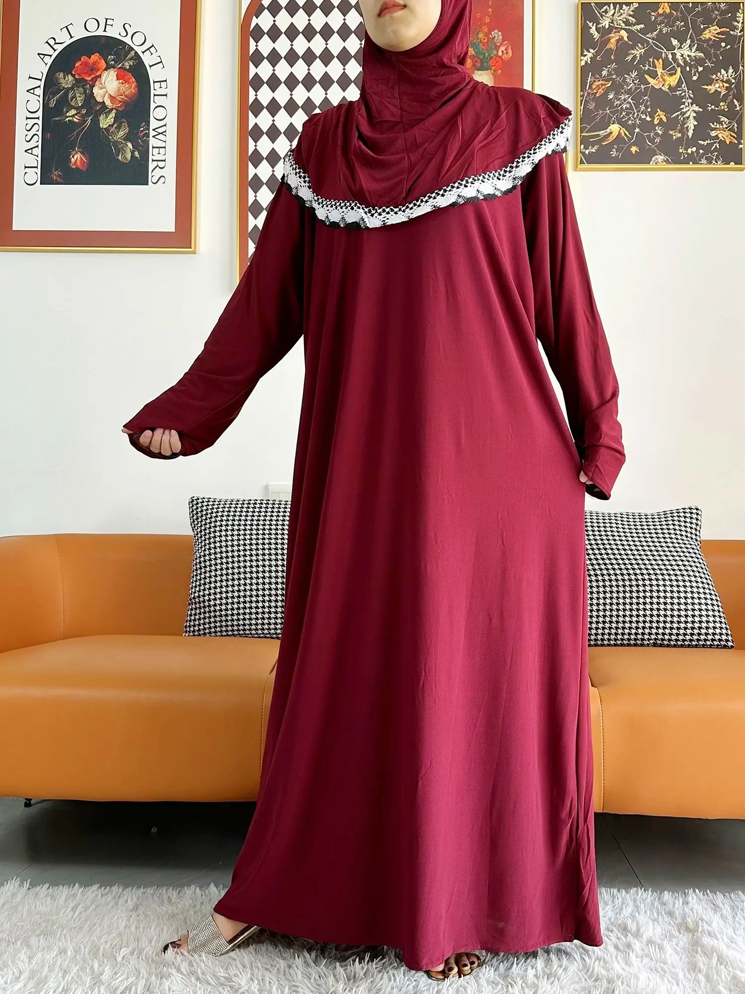 

2023 Muslim Solid Cotton Abaya For Women Ramadan Prayer Garment Joint Hat Dubai Turkey Middle East Femme Robe Floral Loose Dress