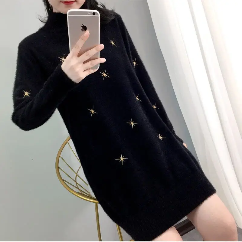 Elegant Stand Collar Solid Color Embroidery Mini Dress Women\'s Clothing 2023 Winter Loose Knitted All-match Ladies Dresses