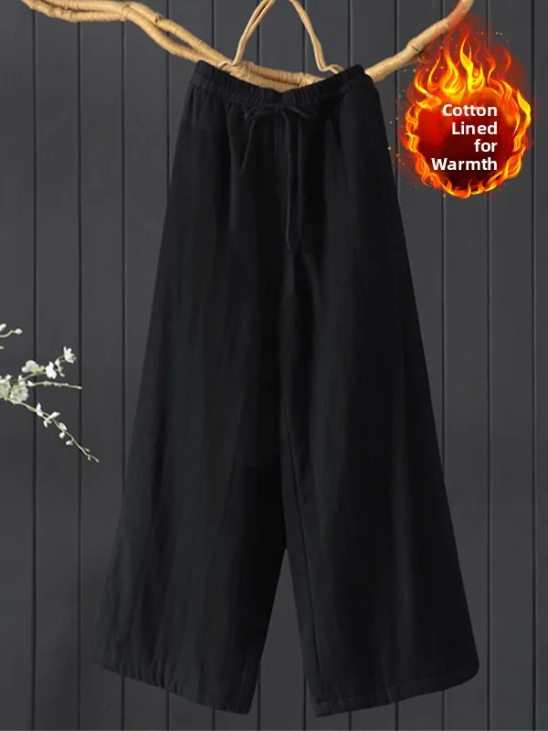 Thiened Cotton Wide Leg Pants Elastic Waist Casual Trousers for Women plus Size Autumn Winter New Sle Outerwear Cotton Pants