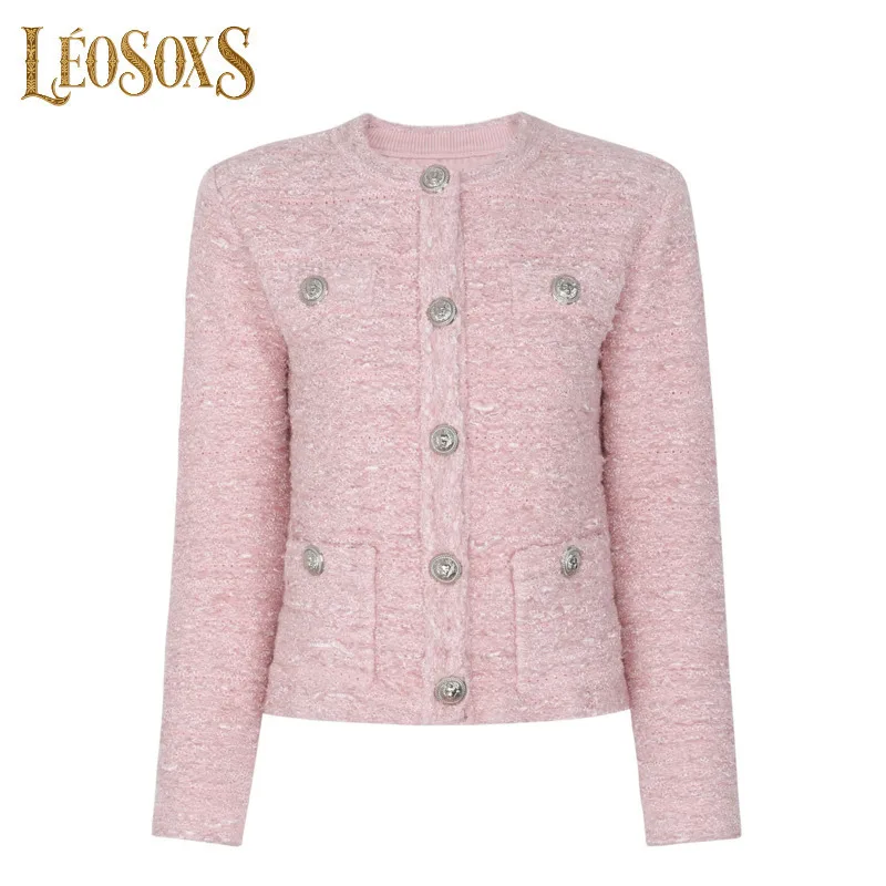 

LEOSOXS женский черный твидовый повседневный пиджак с пуговицами в виде головы льва на осень-зиму, шикарный повседневный стиль 2025