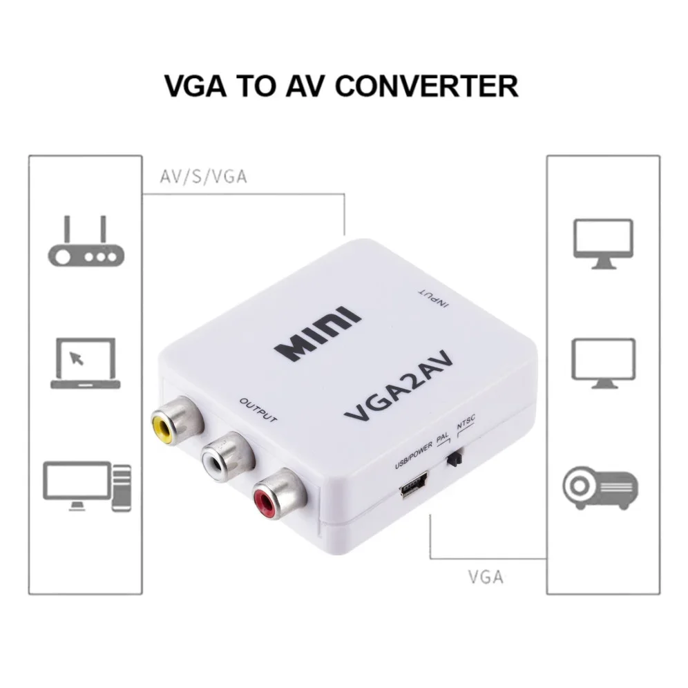 Mini VGA TO AV Converter VGA2AV Convertor with 3.5mm Audio VGA To RCA Video Converter For PC to TV HD Computer