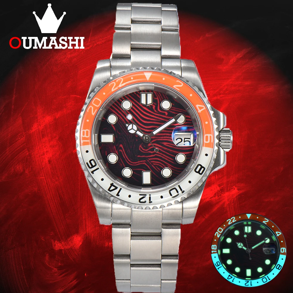 OUMASHI 40mm Red Line Full Night Glow Bezel Men\'s Automatic Mechanical Watch NH35A Stainless Steel Sapphire Glass