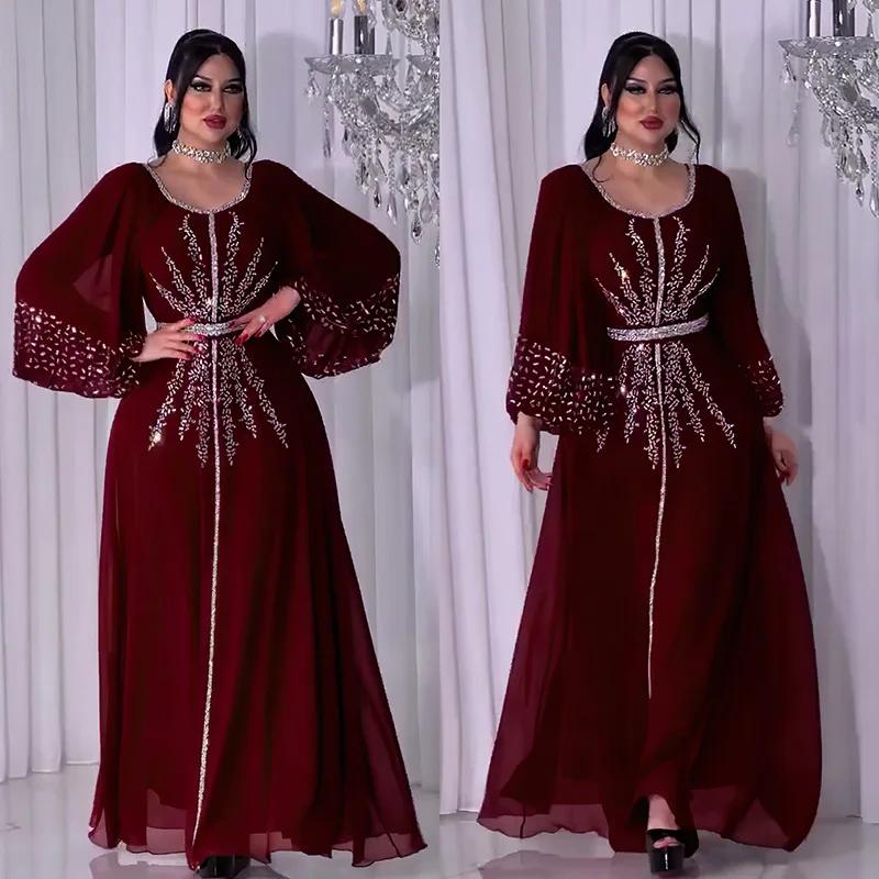 Arabia Muslim Dress Women Chiffon Dubai Abaya Lace-up Casual Party Elegance Luxury Diamonds Daily Dress Kaftan Femme Musulman