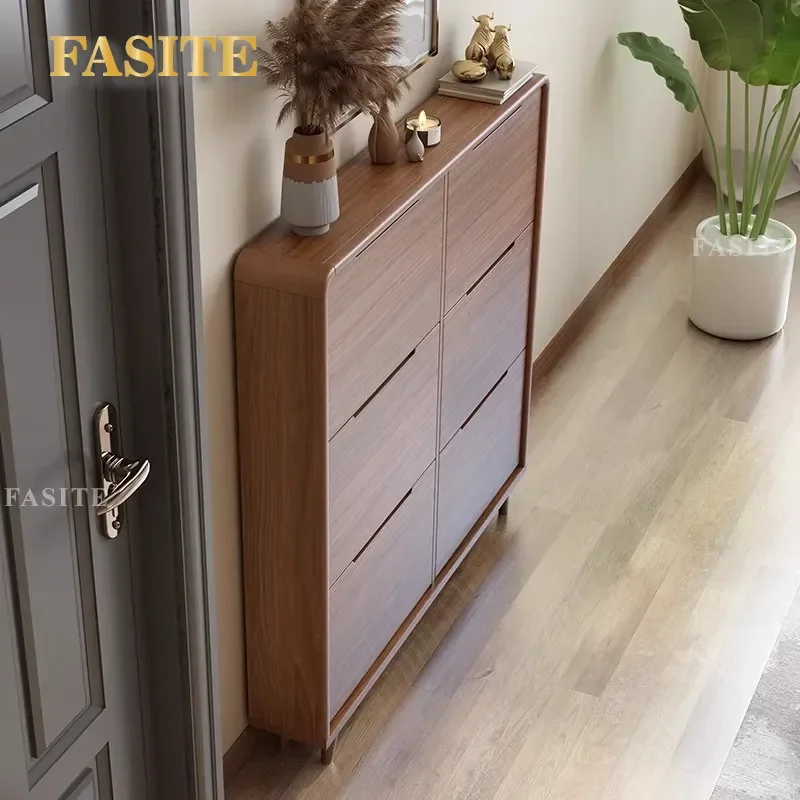 For Household Entrance Ultra-thin Tipping Bucket Shoe Cabinet Modern Simple Narrow Solid Wood Frame Wall-mounted Porch Foyer
