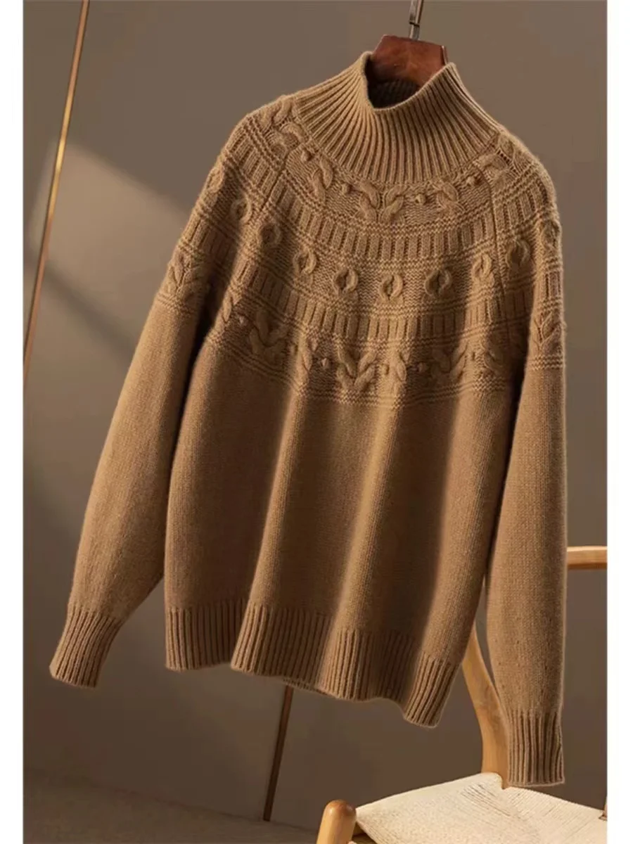 Autumn/Winter New 100% Merino Wool Sweater Women's' High neck Knitted Pullover Casual Loose Top Fashionable Korean Thick Sweater