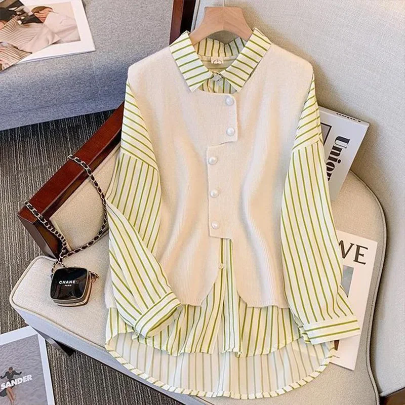 Stylish Fake Two-piece Shirt Vest Women\'s Clothing Spring Autumn High-end Belly Covering Age Reducing Casual Shirt Top for Women