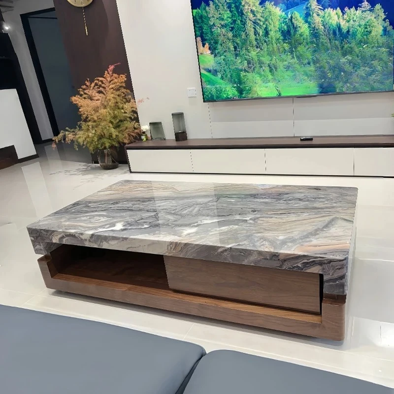 

Marble coffee table minimalist luxury stone antique style storage high-end walnut living room home fashion