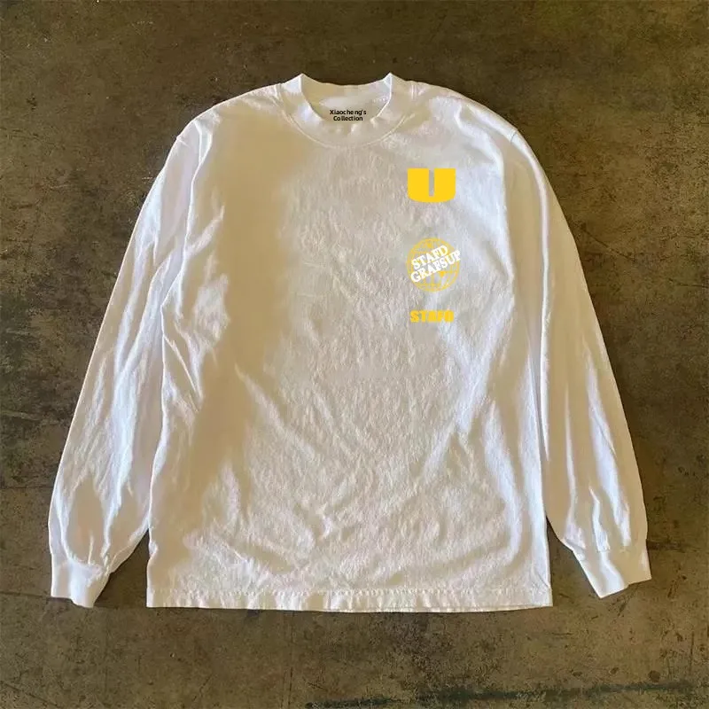 Heavyweight Pure Cotton Long Sleeve T-Shirt Unisex Vintage Style Versatile Streetwear Breathable round Neck Pullover for Men ...
