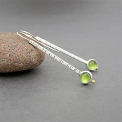 Exquisite Elegant Extra Long Metal Carving Pattern Hook Earrings Trendy Silver Color Inlaid Green Zircon Drop Earrings for Women
