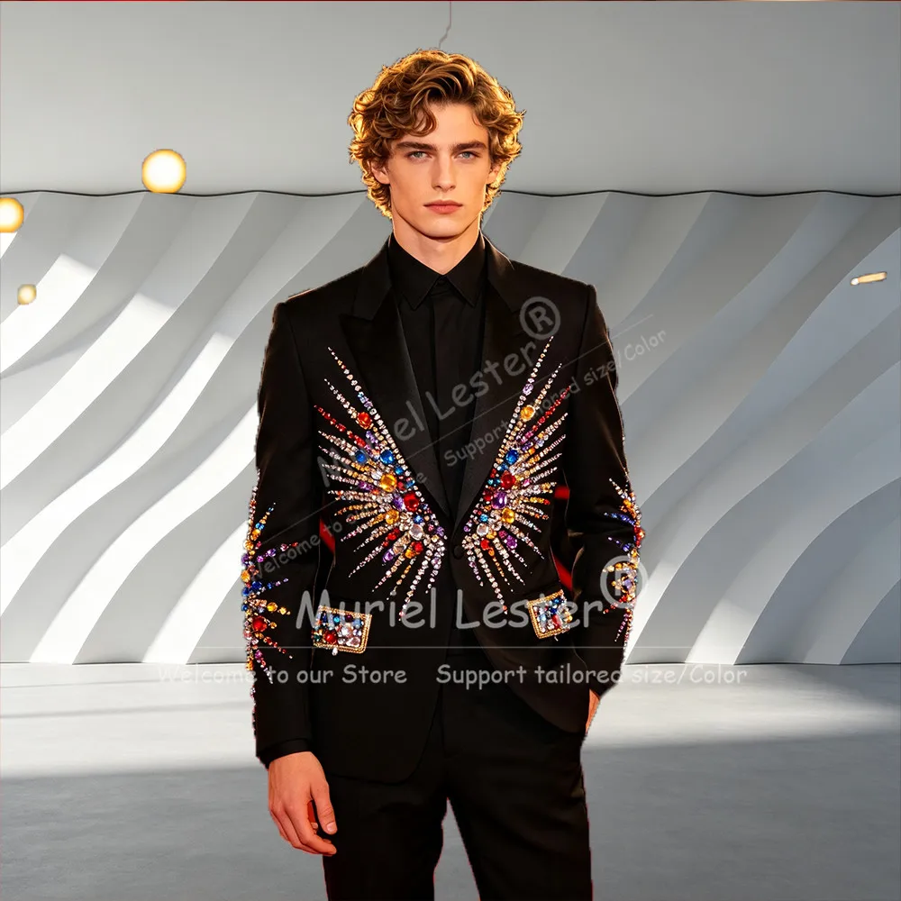 Exclusive Diamond Beaded Suits Men Slim Fit Single Breasted Jacket Pants 2 Piece Sets Groom Wear Wedding Tuxedo Male Clothing