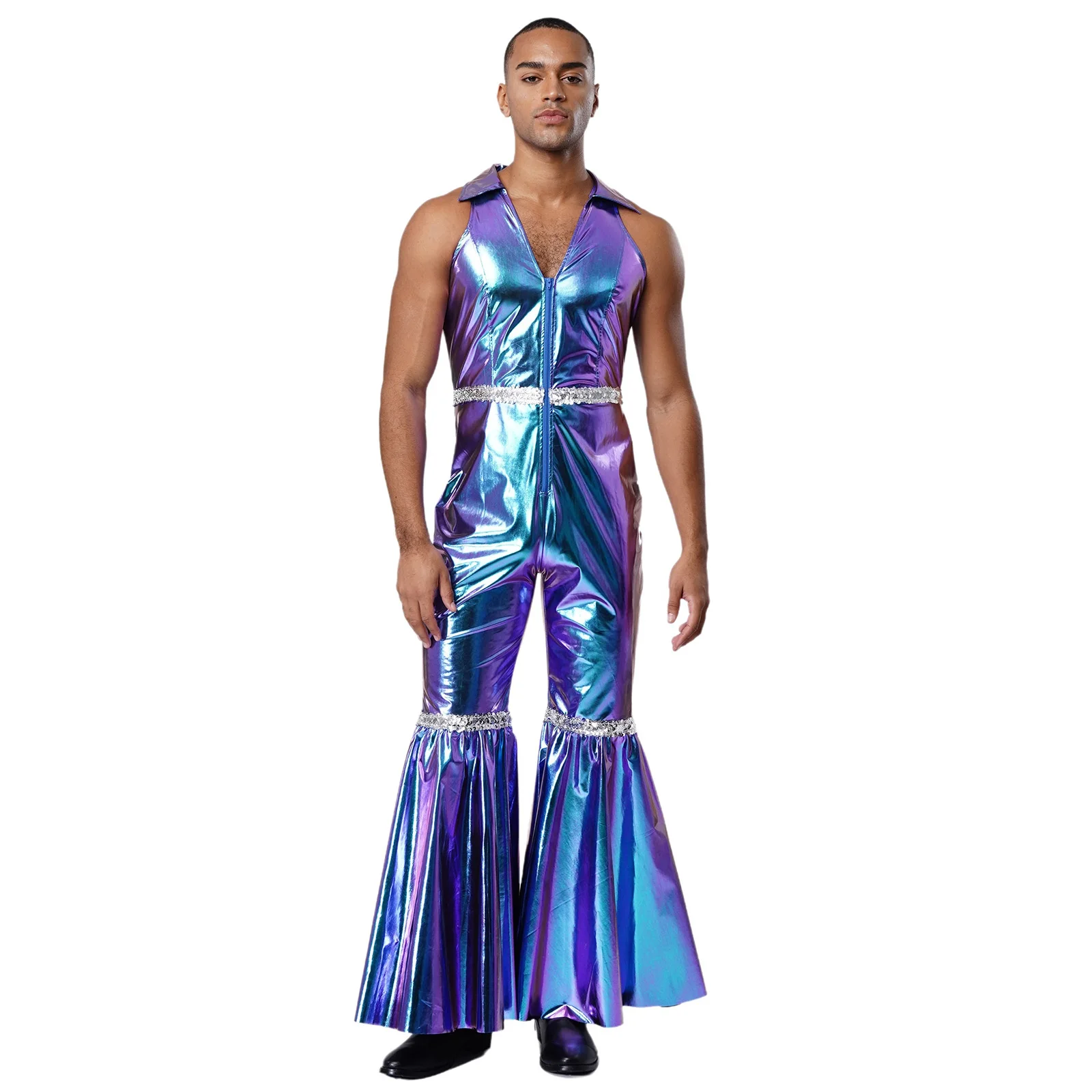 

Men's Shiny 70s Disco Party Dance Flared Jumpsuit Sleeveless High Waist Leotards for Retro Party Jazz Stage Performance Costumes