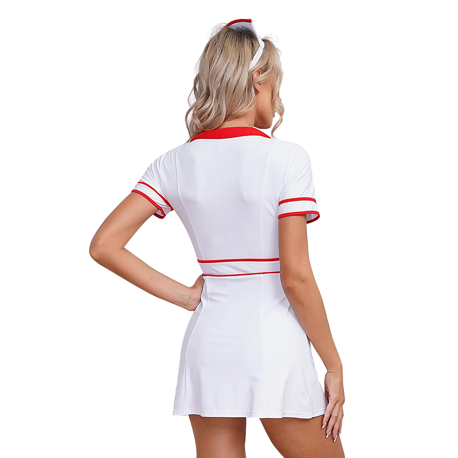 Roupa Cosplay Halloween para Mulheres, Uniforme de Enfermeira, Interpretação de Papéis, Trajes de Jogos, Manga Curta, Zíper Frontal, Vestido Cruzado