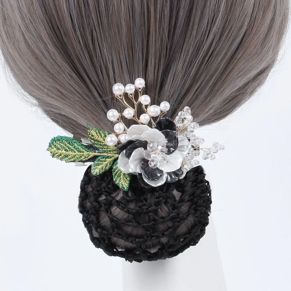 

Flower Pearls Spring Clip Rhinestone Crochet Bun Net Hair Clips Lace Hair Net Hair Bun Office Lady Barrette