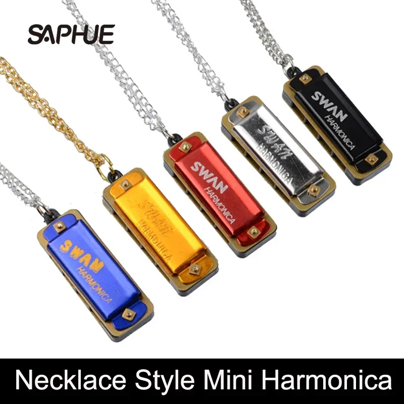 10Pcs Swan Mini Harmonica 4 Holes 8 Tones Harmonica Mouth Organ Metal Chain Necklace Style