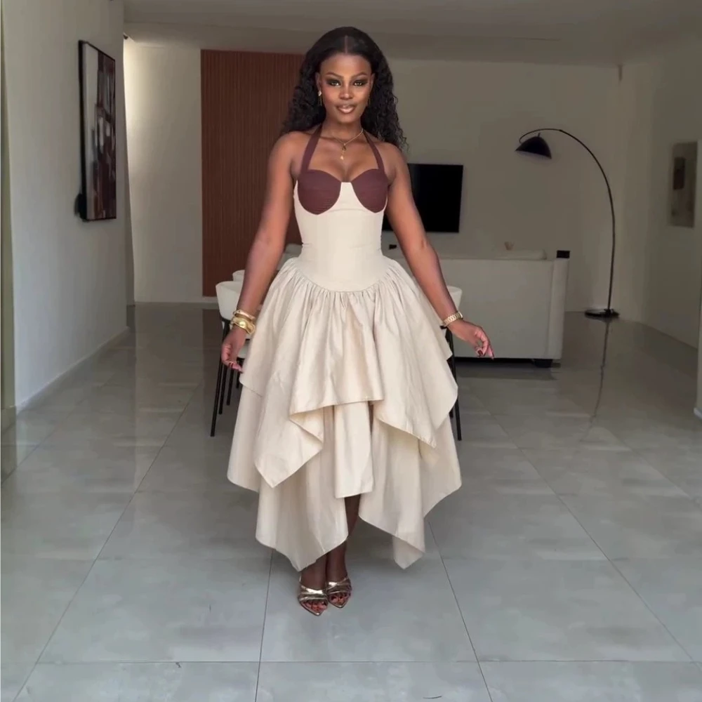Customized Two‑Tone Halter Neck High‑Low Midi Dress Asymmetrical Ruffle Skirt Women Formal Party Evening Gown