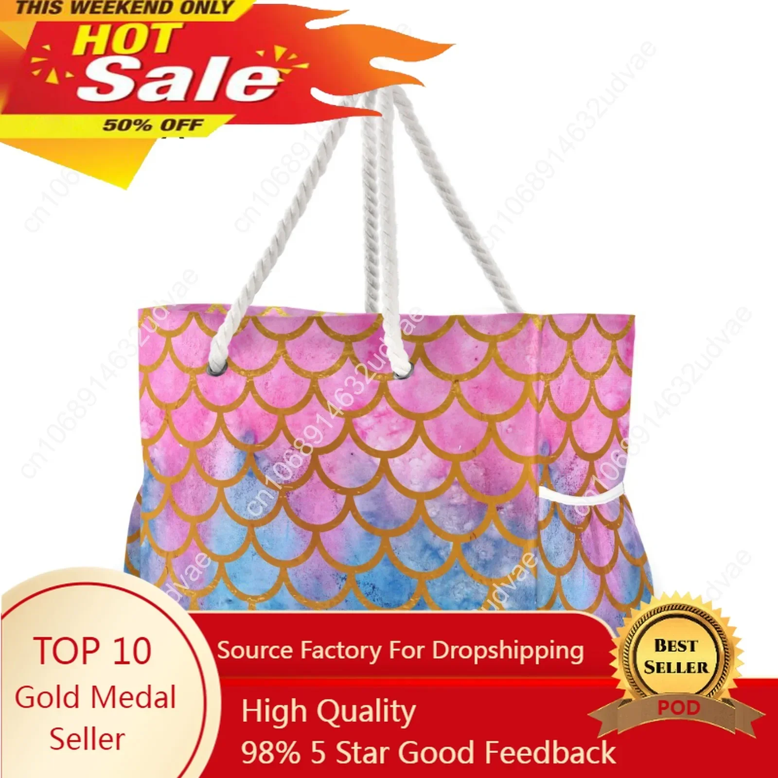 

Women Casual Beach Bag Messenger Bag Nylon Shoulder Bag Large Capacity Mermaid Watercolor Fish Scales Handbags Tote Crossbody