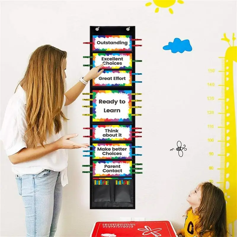 Kids Behavior Chart Reward Pocket Chart For Kids Track Dangling Bulletin Board With Wooden Clips Multifunctional Behavior Chart