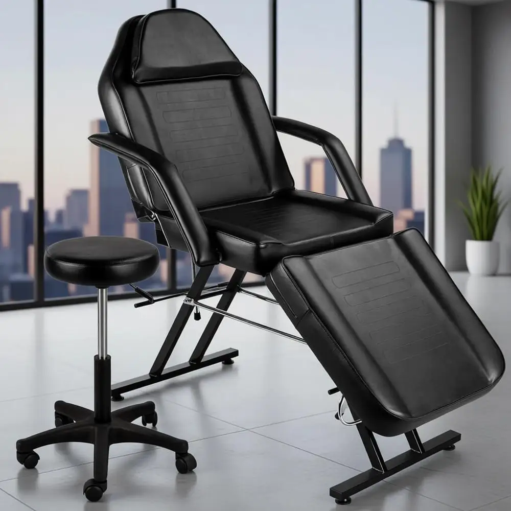

3-Section Adjustable Massage Bed with Spa Features, Tattoo Chair, Hydraulic Stool, Removable Rest, Facial Cradle, and Towel Hang