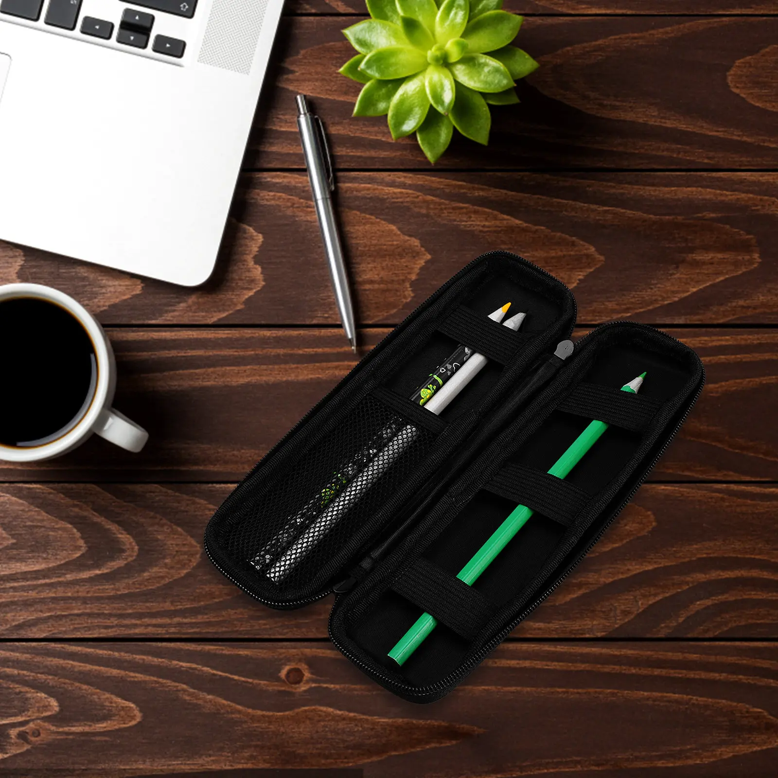 Black Pencil Case Eva Hard Shell 20x6x3.5cm for Stylus Pens Pencils Fountain Pens Small Accessories Mesh Pocket Elastic Strap