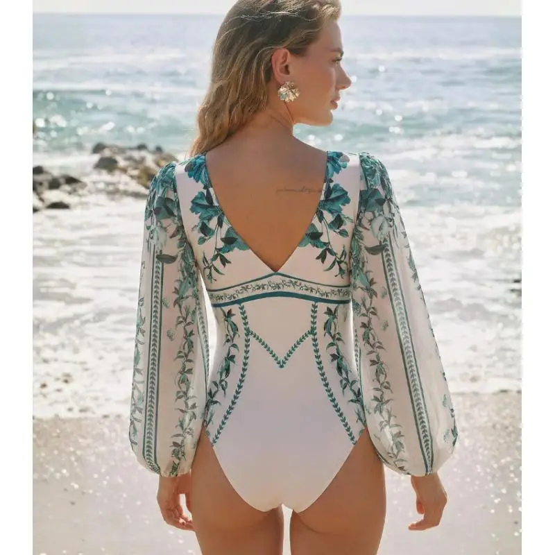 Flaxmaker Dark Cyan Long Sleeved Floral Swimsuit Sets Women Summer Long Sleeve Sexy V Neck Party Swimwear Biquini conjunto de