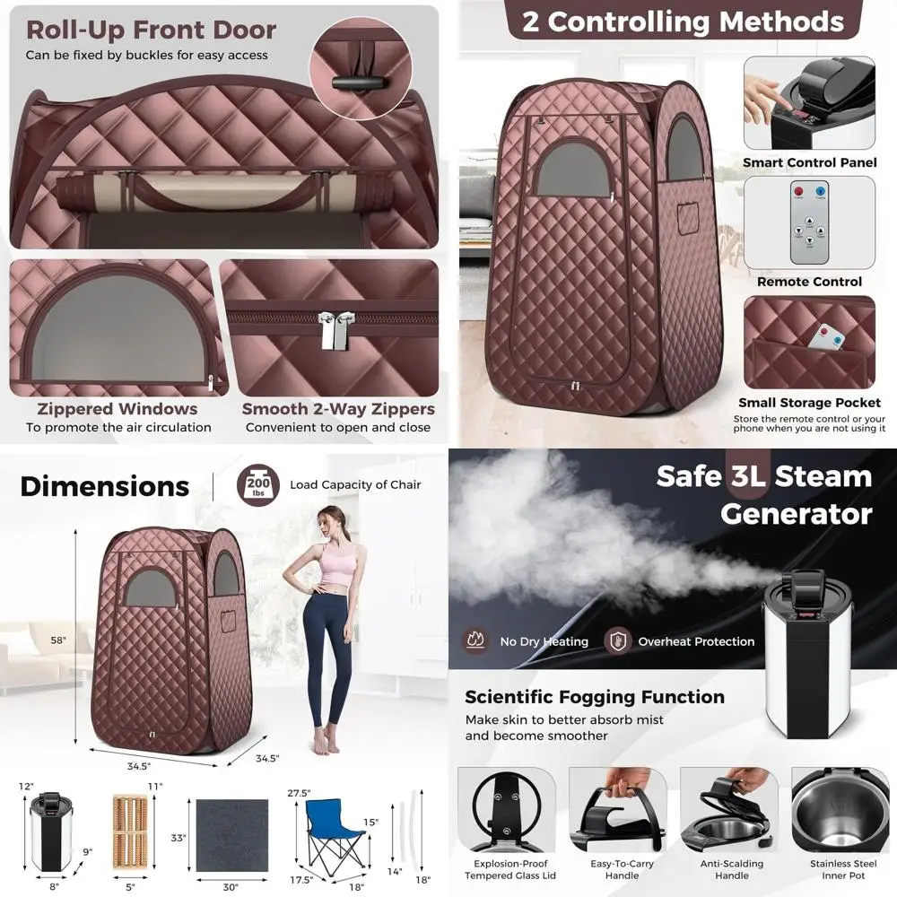 Sauna de Vapor Portátil de Cuerpo Completo con Tanque de 3L, Control Remoto, Rodillo de Madera y Silla Plegable para Uso Individual en Casa o al Aire Libre