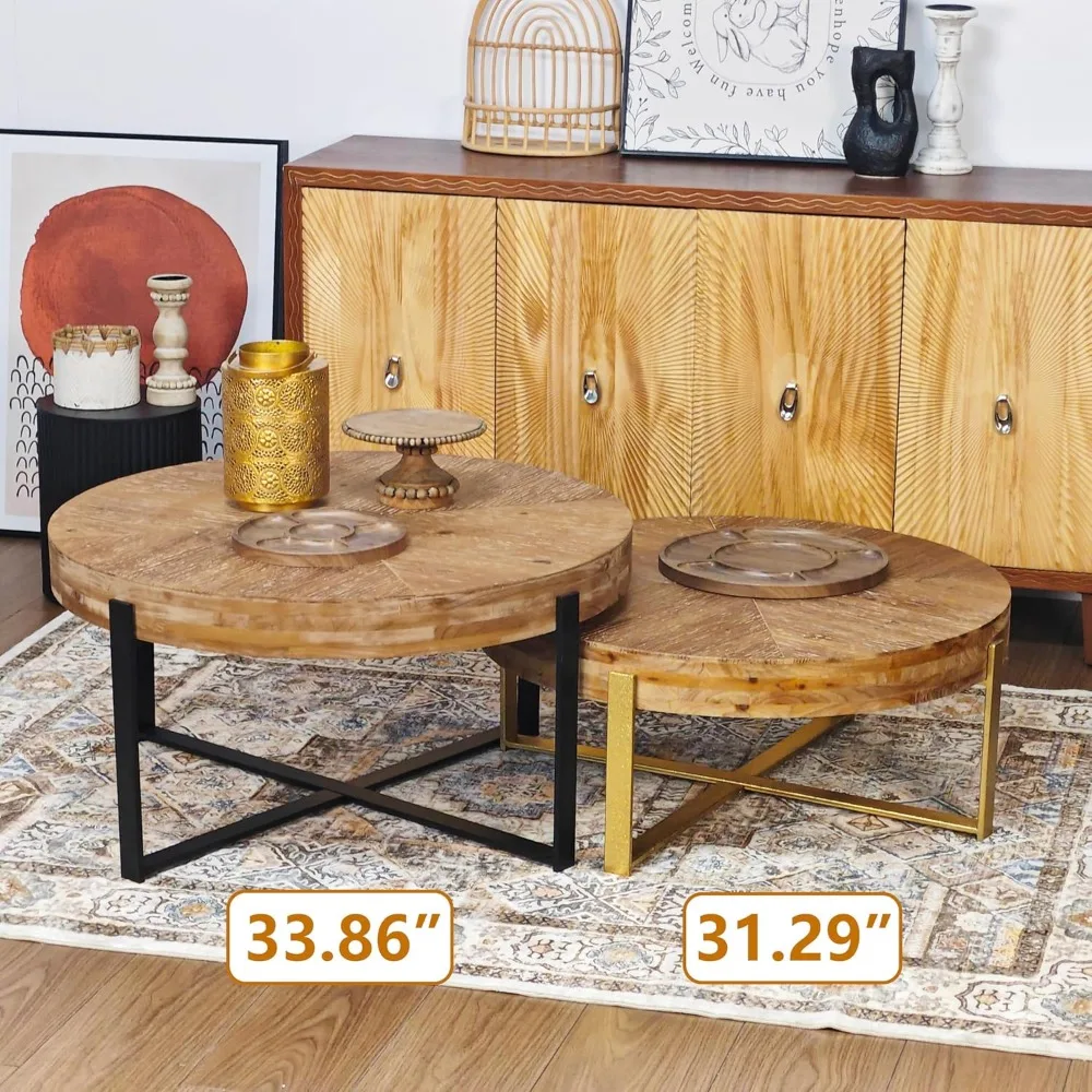 33.86" Modern Retro Splicing Round Coffee Table,Fir Wood Table Top with Gold Cross Legs Base