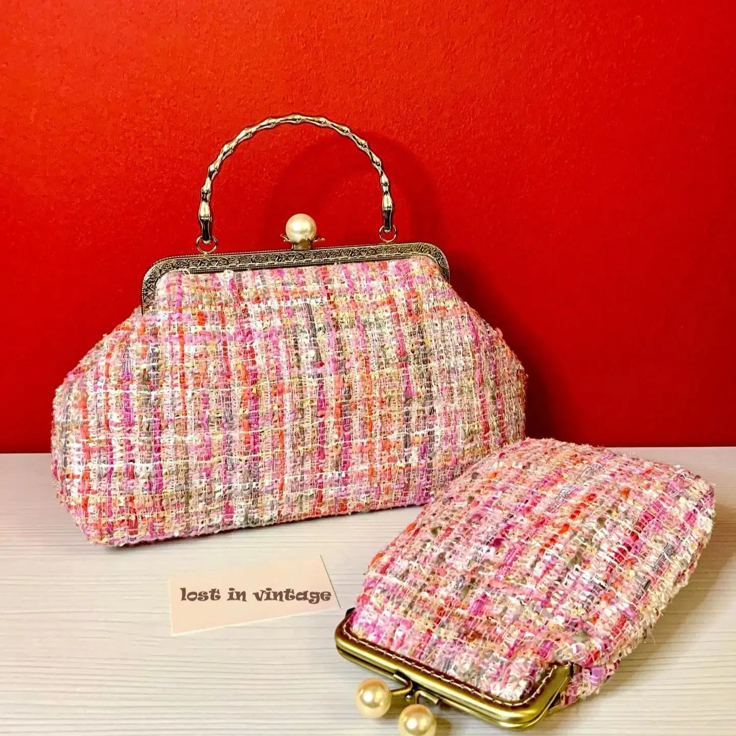 LOST IN VINTAGE Tweed Shoulder Bag  thick Tweed Fabric Gorgeous Feeling Made of Gold Thread Silver Thread Sequin Evening Clutch