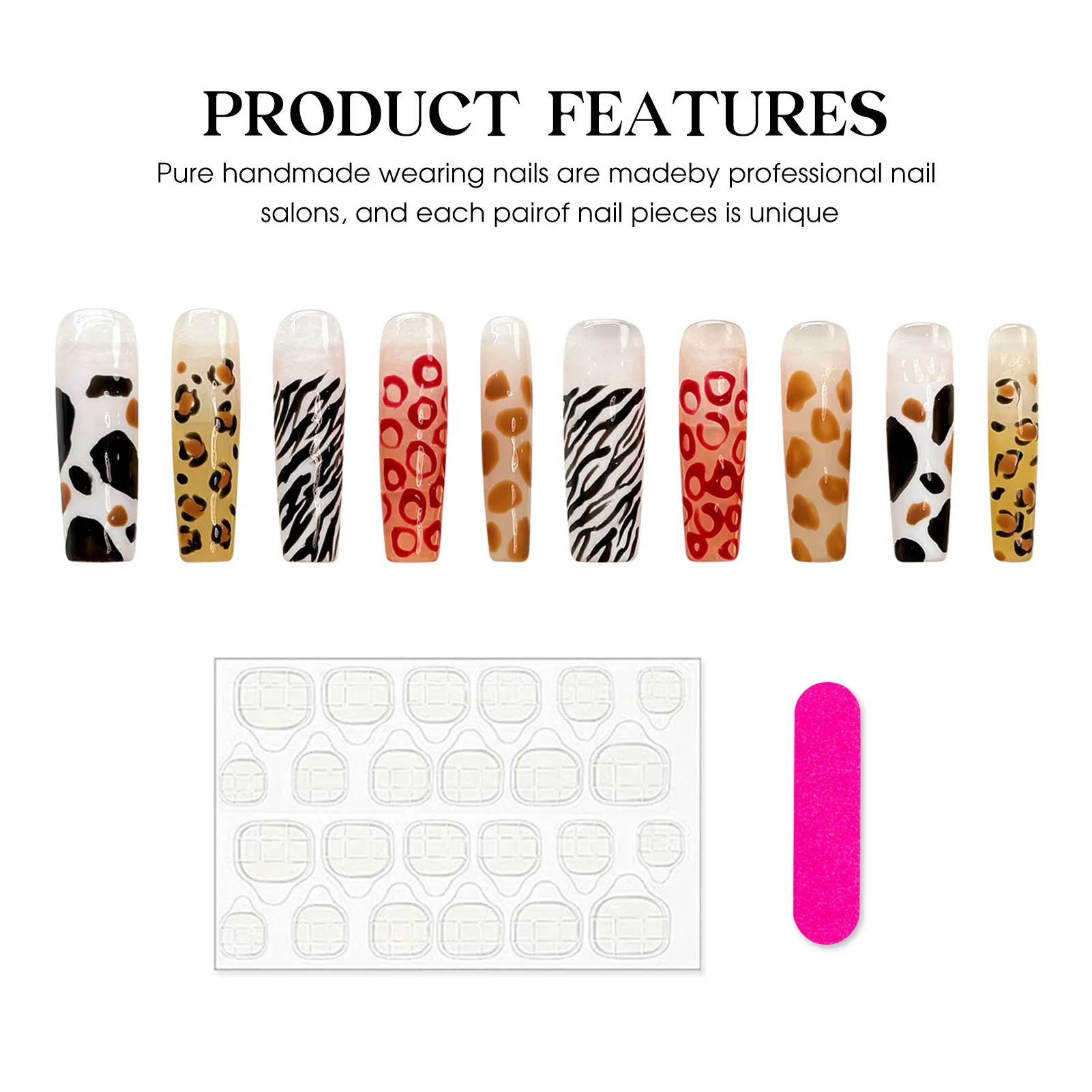 Long Coffin Press On Nails Handmade Leopard Print False Nails Full Cover French Style Ballerina Reusable Manicure Fake Nail Tips